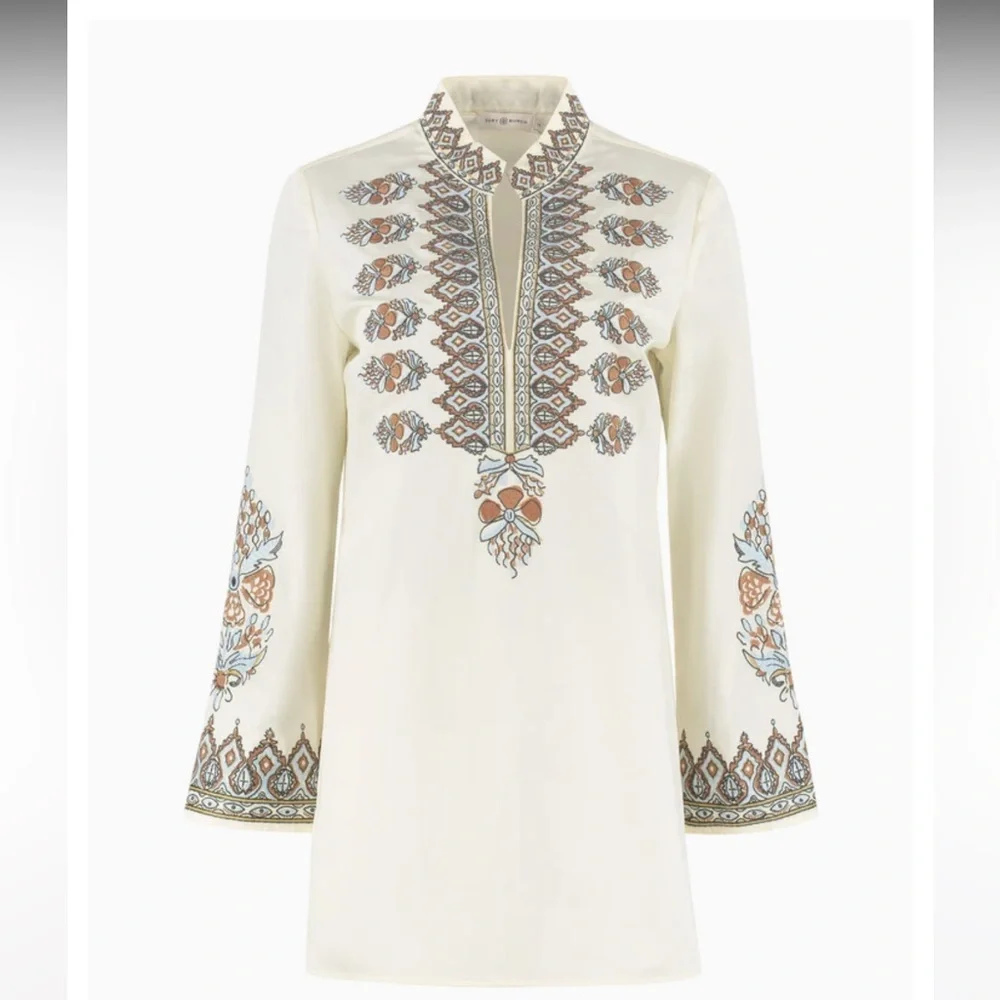Tory Burch Cream Tunic with Brown and Blue Embroidery - Picture 1 of 12